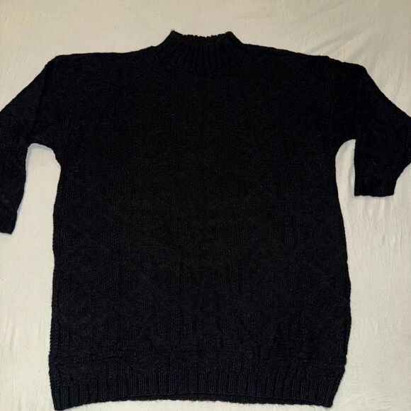 Y2K Spunky Ribbed Sweater Women's Black Knit Mock Neck 3/4 Sleeve Pullover L - Picture 2 of 7